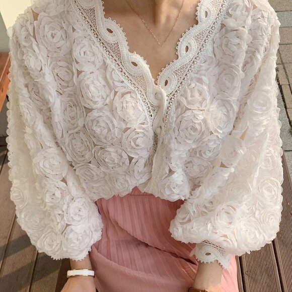 . Tops - White Boho Womens Floral Embroidery Lantern Sleeve Blouse